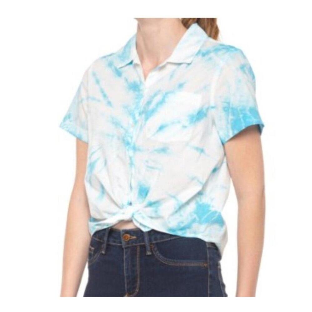Lucky Brand NWT Tie-Dye Tie Front Shirt Light Blue White Women’s Large